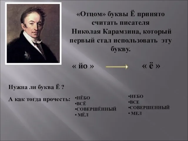 «Отцом» буквы Ё принято считать писателя Николая Карамзина, который первый стал