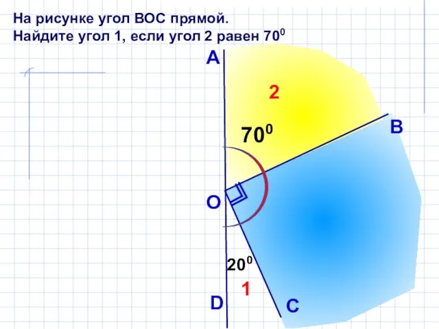 На рисунке угол ВОС прямой. Найдите угол 1, если угол 2