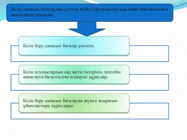 Білім сапасын бағалаудың ұлттық жүйесі функционалдық өзара байланыстағы мыналарды қамтиды: