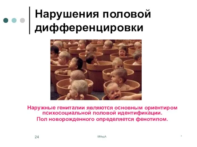 * ВМедА Нарушения половой дифференцировки Наружные гениталии являются основным ориентиром психосоциальной