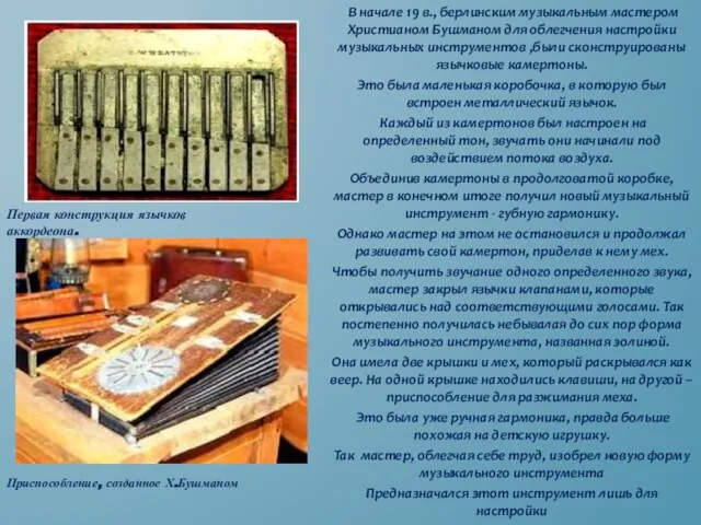 Первая конструкция язычков аккордеона. В начале 19 в., берлинским музыкальным мастером