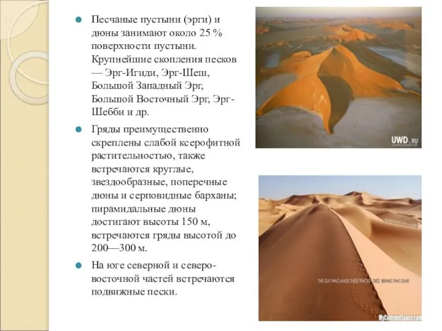 Песчаные пустыни (эрги) и дюны занимают около 25 % поверхности пустыни.