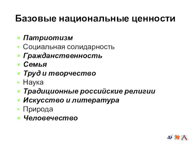 Базовые национальные ценности Патриотизм Социальная солидарность Гражданственность Семья Труд и творчество