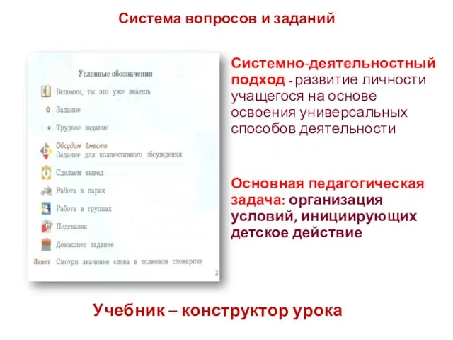 Система вопросов и заданий Учебник – конструктор урока Системно-деятельностный подход -