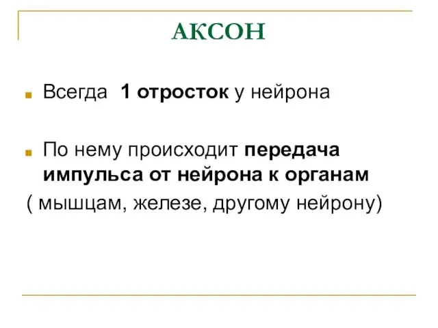 АКСОН Всегда 1 отросток у нейрона По нему происходит передача импульса