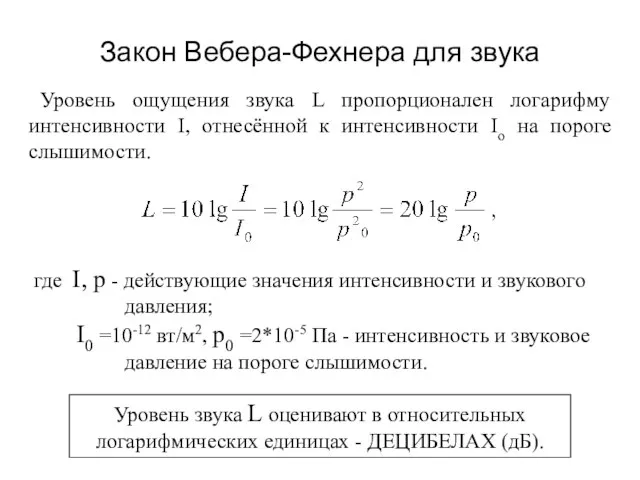 Закон Вебера-Фехнера для звука Уровень ощущения звука L пропорционален логарифму интенсивности