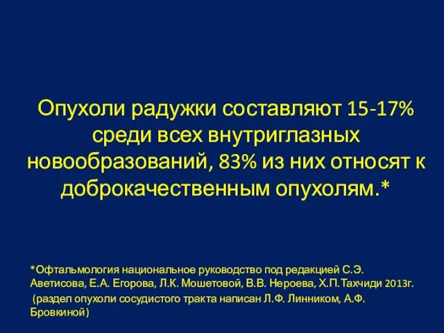 Опухоли радужки составляют 15-17% среди всех внутриглазных новообразований, 83% из них