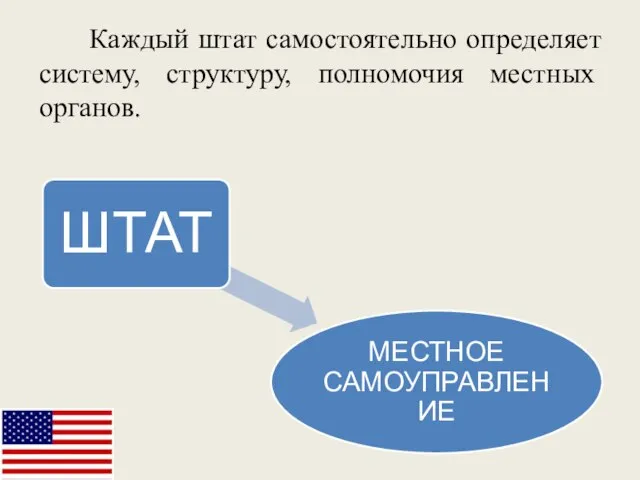 Каждый штат самостоятельно определяет систему, структуру, полномочия местных органов.