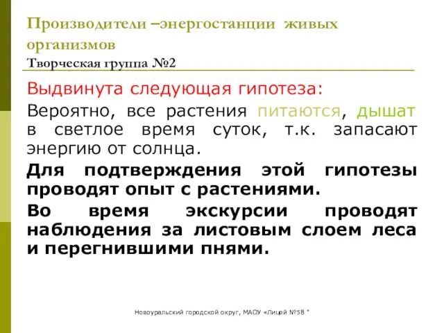 Производители –энергостанции живых организмов Творческая группа №2 Выдвинута следующая гипотеза: Вероятно,