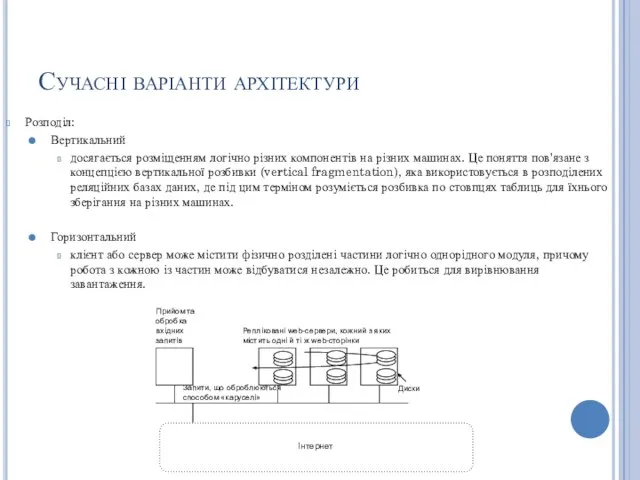 Сучасні варіанти архітектури Розподіл: Вертикальний досягається розміщенням логічно різних компонентів на