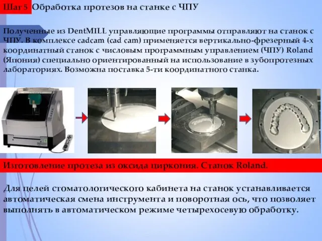 Шаг 5 Обработка протезов на станке с ЧПУ Полученные из DentMILL