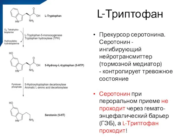 Прекурсор серотонина. Серотонин - ингибирующий нейротрансмиттер (тормозной медиатор) - контролирует тревожное