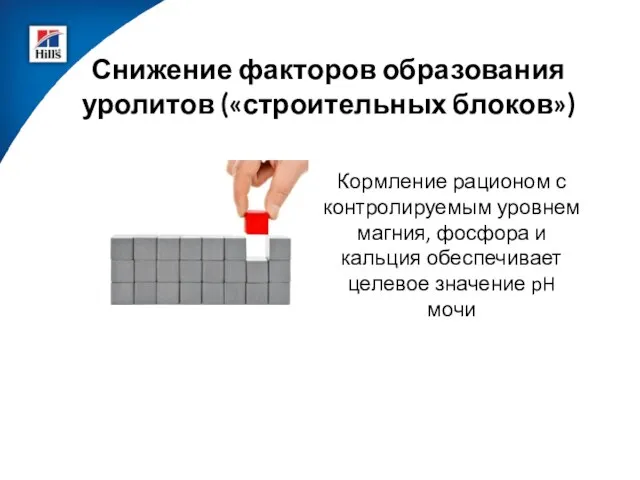 Снижение факторов образования уролитов («строительных блоков») Кормление рационом с контролируемым уровнем