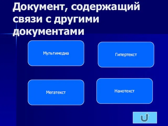 Документ, содержащий связи с другими документами Нанотекст Мегатекст Гипертекст Мультимедиа