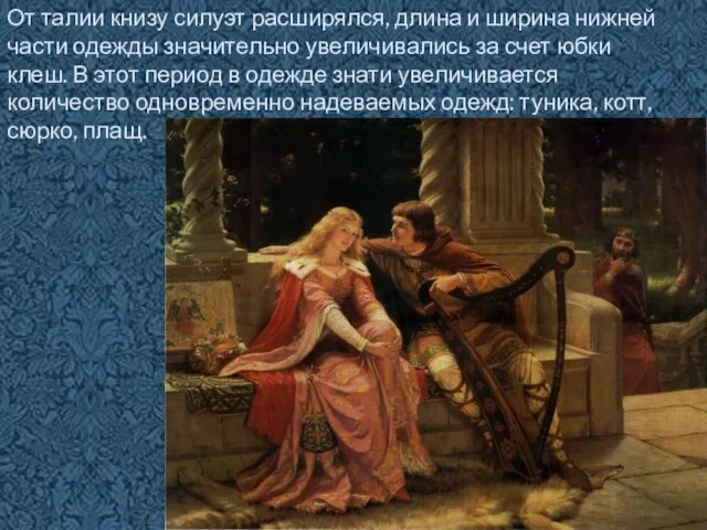 От талии книзу силуэт расширялся, длина и ширина нижней части одежды