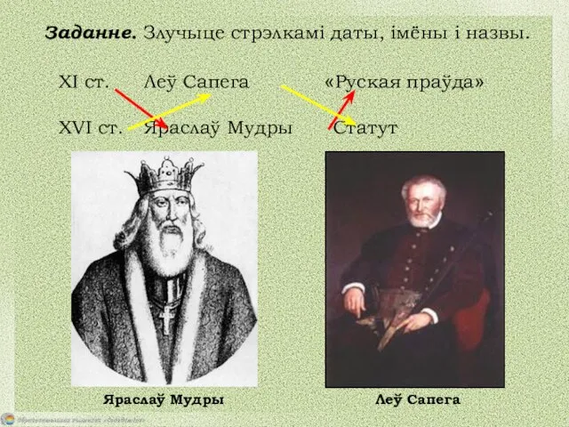 Заданне. Злучыце стрэлкамі даты, імёны і назвы. XI ст. Леў Сапега