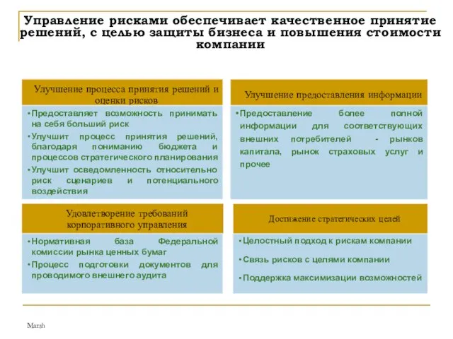 Marsh Управление рисками обеспечивает качественное принятие решений, с целью защиты бизнеса