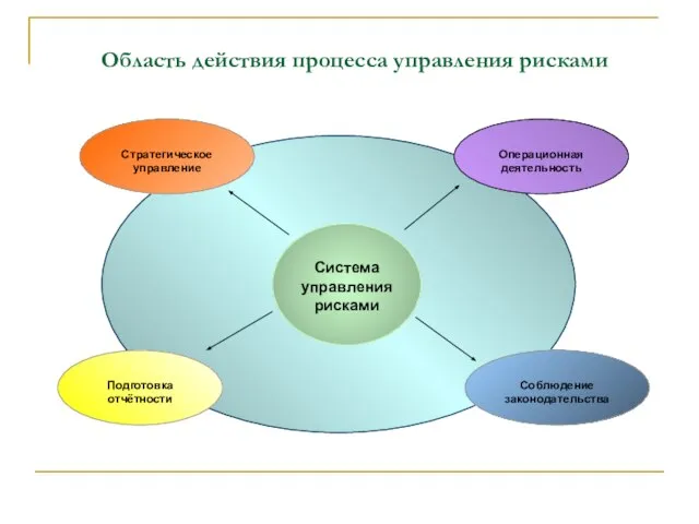 Соблюдение законодательства Операционная деятельность Стратегическое управление Подготовка отчётности Система управления рисками Область действия процесса управления рисками