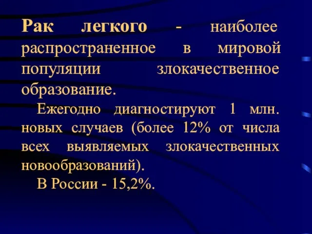 Рак легкого - наиболее распространенное в мировой популяции злокачественное образование. Ежегодно