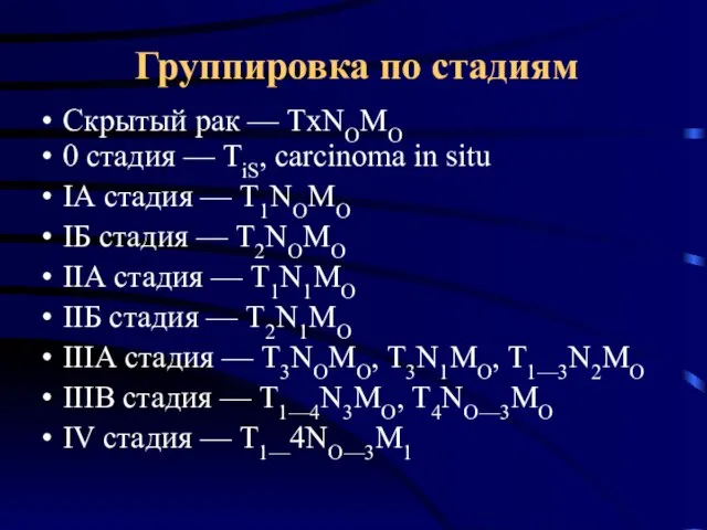 Группировка по стадиям Скрытый рак — TхNOMO 0 стадия — TiS,