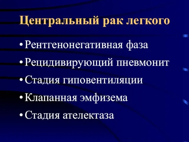 Центральный рак легкого Рентгенонегативная фаза Рецидивирующий пневмонит Стадия гиповентиляции Клапанная эмфизема Стадия ателектаза