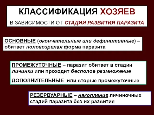 КЛАССИФИКАЦИЯ ХОЗЯЕВ В ЗАВИСИМОСТИ ОТ СТАДИИ РАЗВИТИЯ ПАРАЗИТА ОСНОВНЫЕ (окончательные или