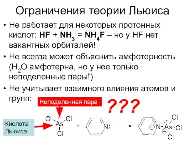 Ограничения теории Льюиса Не работает для некоторых протонных кислот: HF +