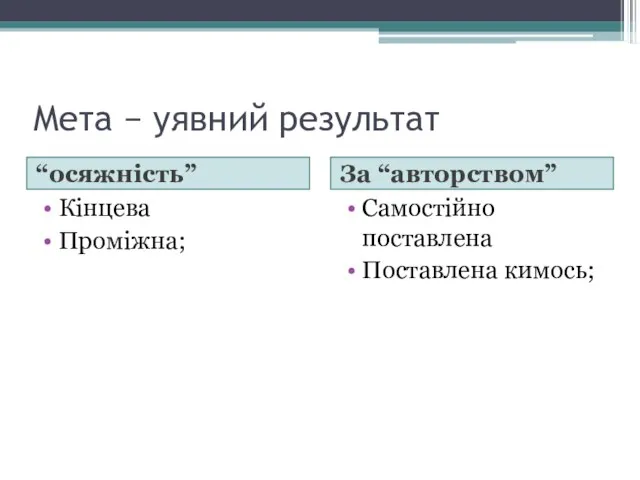 Мета − уявний результат “осяжність” За “авторством” Кінцева Проміжна; Самостійно поставлена Поставлена кимось;