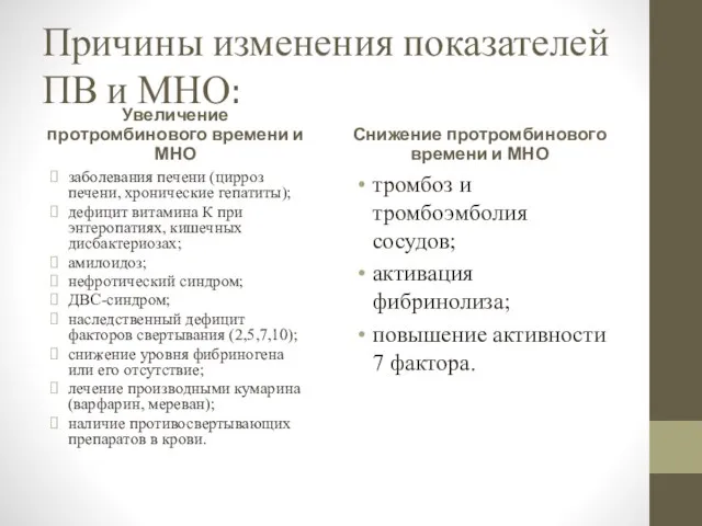 Причины изменения показателей ПВ и МНО: Увеличение протромбинового времени и МНО