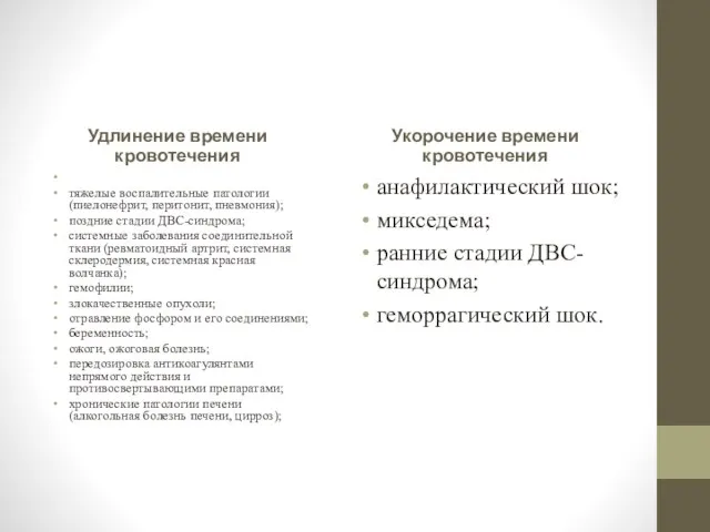 Удлинение времени кровотечения тяжелые воспалительные патологии (пиелонефрит, перитонит, пневмония); поздние стадии