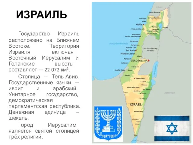 ИЗРАИЛЬ Государство Израиль расположено на Ближнем Востоке. Территория Израиля включая Восточный