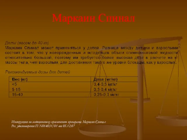 Маркаин Cпинал Инструкция по медицинскому применению препарата Маркаин Спинал Рег. удостоверение П N014031/01 от 05.12.07