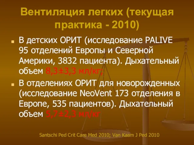 Вентиляция легких (текущая практика - 2010) В детских ОРИТ (исследование PALIVE