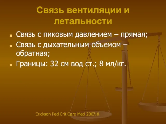 Связь вентиляции и летальности Связь с пиковым давлением – прямая; Связь