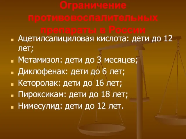 Ограничение противовоспалительных препараты в России Ацетилсалициловая кислота: дети до 12 лет;