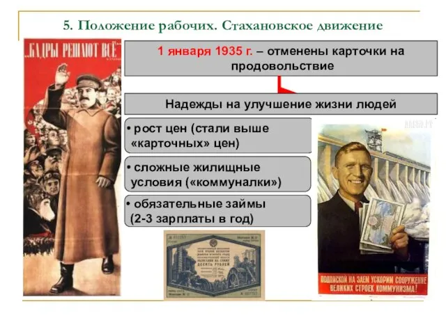 5. Положение рабочих. Стахановское движение 1 января 1935 г. – отменены