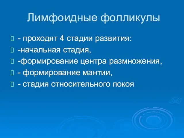 Лимфоидные фолликулы - проходят 4 стадии развития: -начальная стадия, -формирование центра