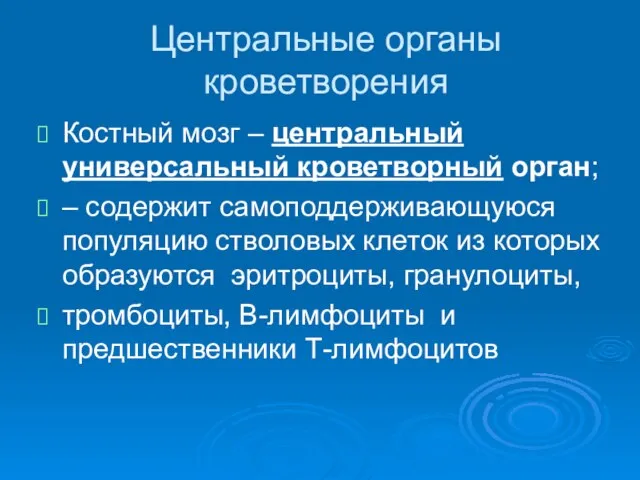 Центральные органы кроветворения Костный мозг – центральный универсальный кроветворный орган; –