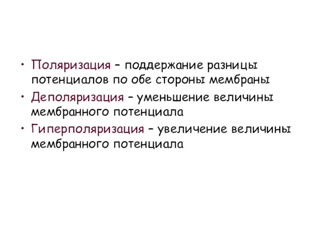 Поляризация – поддержание разницы потенциалов по обе стороны мембраны Деполяризация –