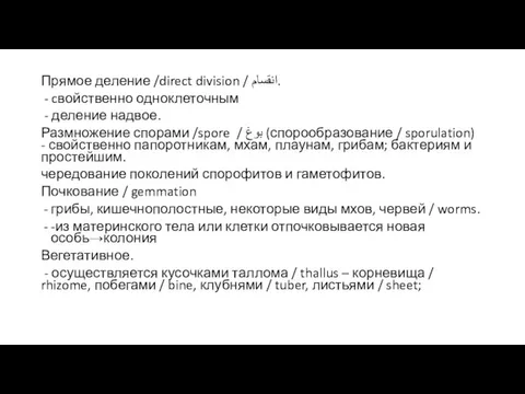 Прямое деление /direct division / اﻧﻘﺴﺎم. - cвойственно одноклеточным - деление