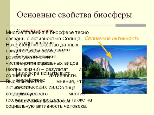 Основные свойства биосферы 2 открытость Солнечная активность Существование биосферы немыслимо без