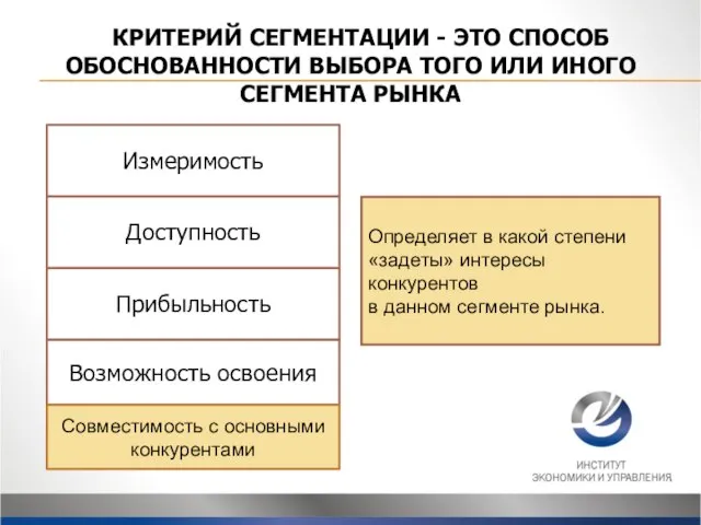 КРИТЕРИЙ СЕГМЕНТАЦИИ - ЭТО СПОСОБ ОБОСНОВАННОСТИ ВЫБОРА ТОГО ИЛИ ИНОГО СЕГМЕНТА