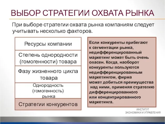 При выборе стратегии охвата рынка компаниям следует учитывать несколько факторов. Ресурсы