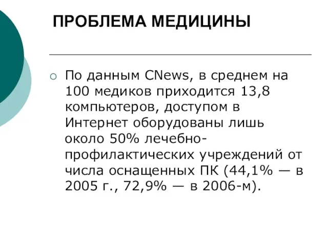 ПРОБЛЕМА МЕДИЦИНЫ По данным CNews, в среднем на 100 медиков приходится