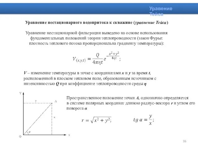 Уравнение нестационарного водопритока к скважине (уравнение Тейса) Уравнение нестационарной фильтрации выведено