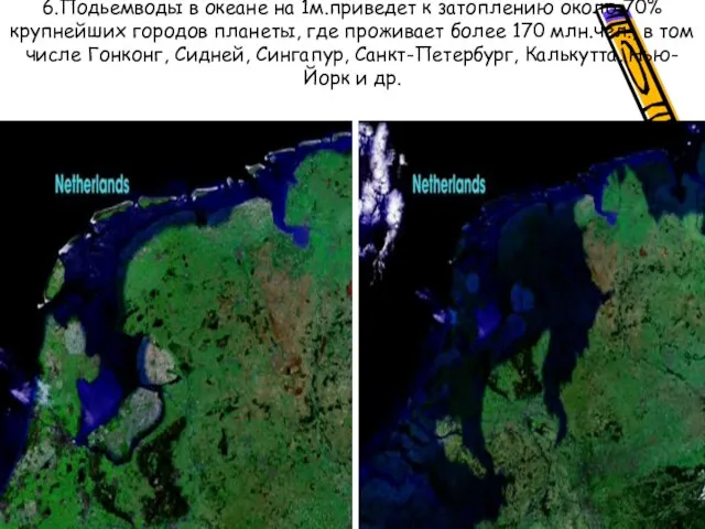 6.Подьемводы в океане на 1м.приведет к затоплению около 70% крупнейших городов