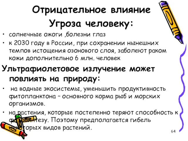 Отрицательное влияние Угроза человеку: солнечные ожоги ,болезни глаз к 2030 году