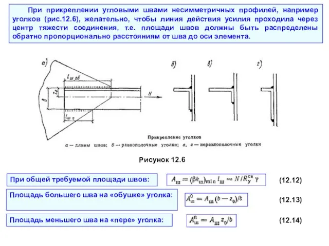 При прикреплении угловыми швами несимметричных профилей, например уголков (рис.12.6), желательно, чтобы