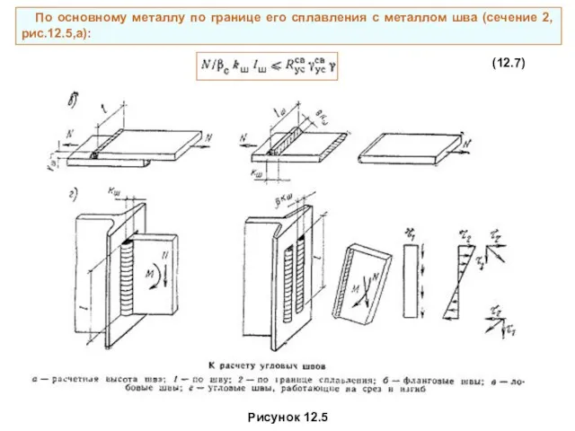 Рисунок 12.5 По основному металлу по границе его сплавления с металлом шва (сечение 2,рис.12.5,а): (12.7)