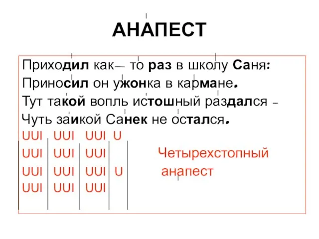 АНАПЕСТ Приходил как- то раз в школу Саня: Приносил он ужонка